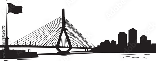 Boston skyline silhouette with Zakim bridge and flag on a transparent background, flat vector illustration of city view