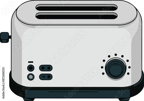 Modern kitchen toaster appliance with breakfast bread slots and temperature control dial for household cooking and food prep