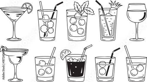 Set of summer cocktails and cold alcoholic drinks vector outline icons collection isolated on checkered background glassware illustration drawing elements for menus