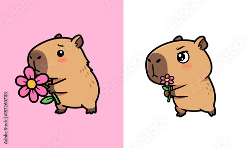 Cartoon Capybara Holding Flowers in Mouth 