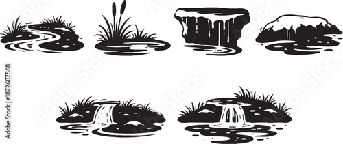 Spring Water Edge Silhouette Icons Set eps