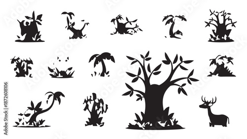 Collection of monochrome tree silhouettes in various shapes and sizes for design and illustration.
