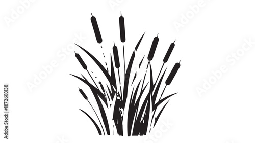 Abstract silhouette of slender grass stalks with seedheads in a monochrome design.