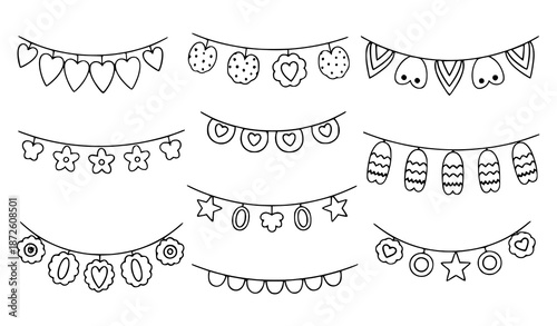 Hand drawn colorful garland vector collection with playful patterned hanging decorations