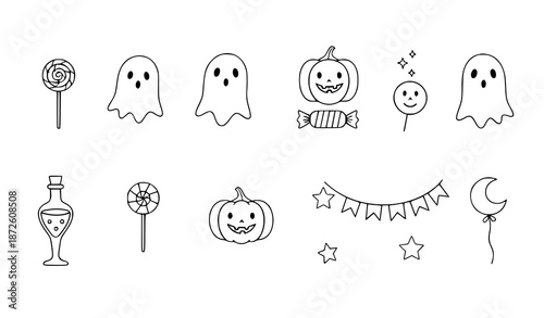 Hand drawn cute Halloween illustration set with candy pumpkins and playful symbols