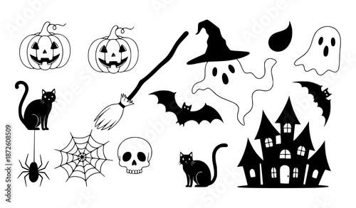 Hand drawn Halloween illustration vector set with pumpkins ghosts witches and spooky elements