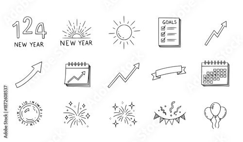 Hand drawn New Year symbols and goals illustration set in minimalist sketch vector style