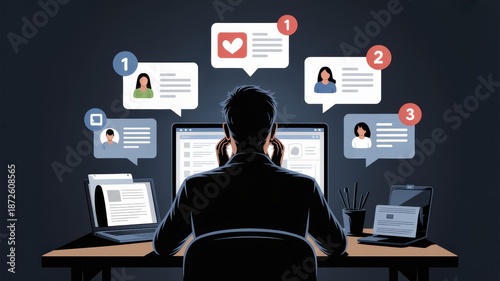 Person checking social media notifications on multiple computer screens in dim lighting.