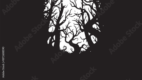 Silhouetted forest tunnel with bare trees forming a glowing arch against a dark backdrop.