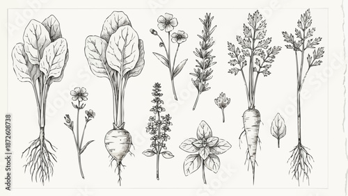 Collection of Hand Drawn Botanical Illustrations of Various Plants.