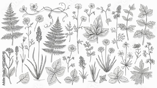 Collection of Hand Drawn Botanical Illustrations of Various Plants and Flowers.