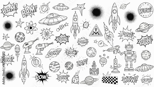 Collection of hand-drawn space elements and comic book style sound effects.