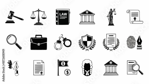 Collection of legal and justice icons representing law and order.