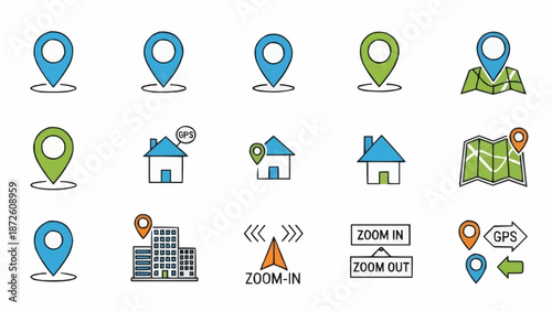 Collection of location map pin icons and navigation symbols.