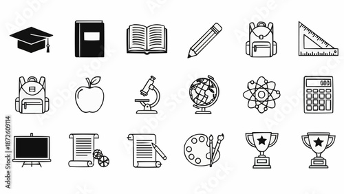 Collection of school and education icons on white background.