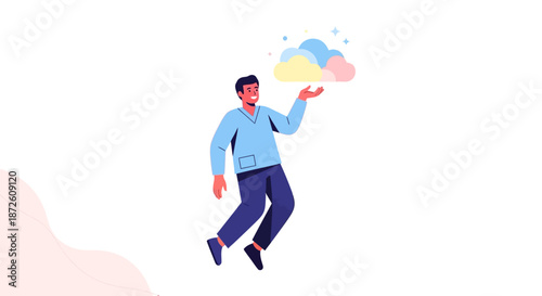 Creative Idea Concept. Smiling man floating and holding colorful pastel clouds. Imagination, innovation, future vision, and happy dreaming illustration.