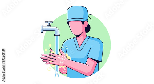 Healthcare Professional Washing Hands: Medical Hygiene, Sanitation, and Infection Prevention Vector Illustration.