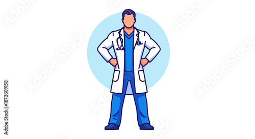 Confident Male Doctor Vector Illustration. Professional Physician in Lab Coat and Stethoscope. Healthcare Hero Icon and Medical Staff Character Design.