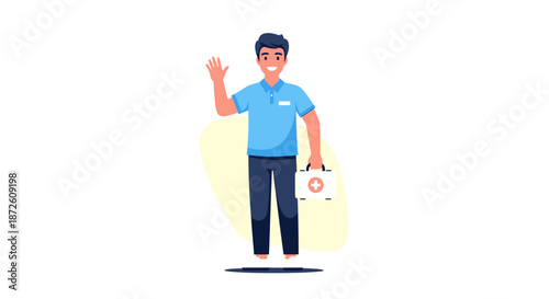 Smiling Medical Professional Holding First Aid Kit and Waving. Friendly Healthcare Worker, Nurse, or Paramedic Character Vector Illustration.