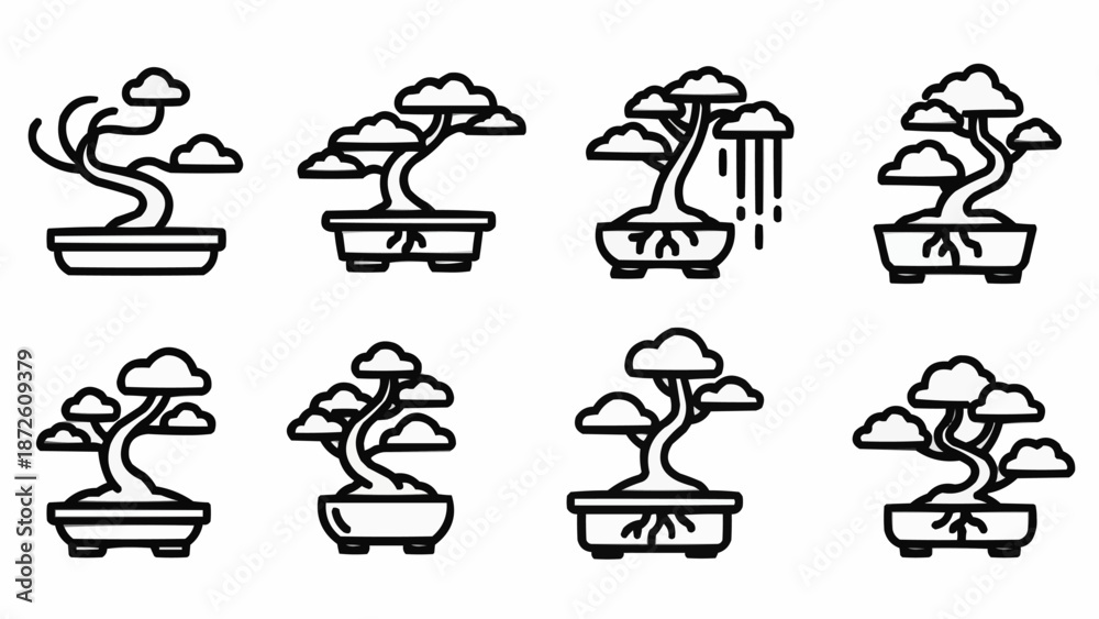 Obraz premium Collection of eight stylized bonsai tree icons in black and white.