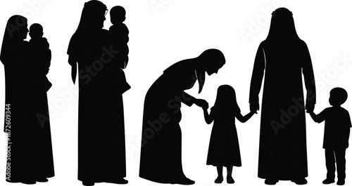 Family silhouette illustration, mother with children bonding moments, parent and kids figures standing together, loving family concept isolated on white background