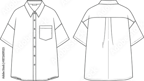 Men short sleeve button up shirt technical fashion flat sketch front and back view pocket detail vector illustration apparel design