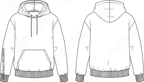 Unisex hoodie sweatshirt technical fashion flat sketch front and back view with hood and kangaroo pocket vector illustration