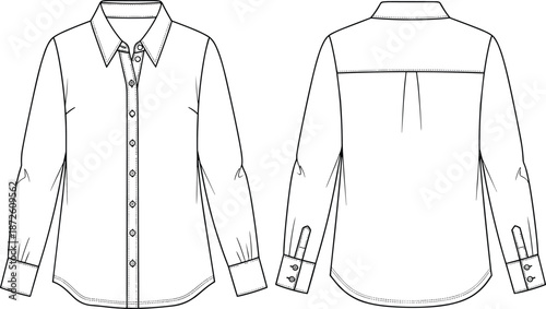 Men long sleeve button up shirt technical fashion flat sketch front and back view vector illustration for apparel designMen long sleeve button up shirt 