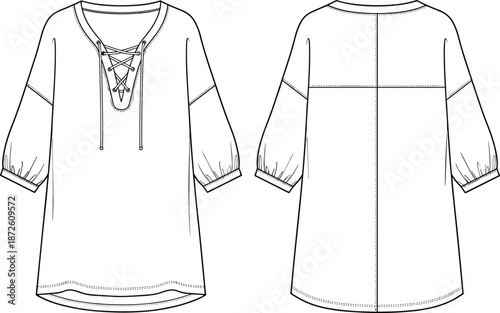 Women casual tunic dress technical fashion flat sketch lace up neckline front and back view vector illustration apparel design