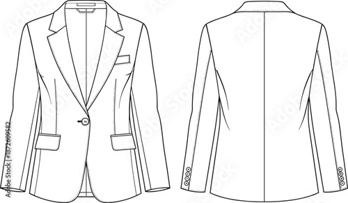 Women classic tailored blazer technical fashion flat sketch front and back view single button vector illustration for apparel design