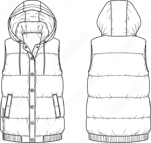 Unisex hooded puffer vest technical flat sketch, sleeveless quilted padded winter gilet with buttons and pockets, front and back fashion illustration isolated on white background