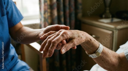 Arthritis or parkinson disease elderly patient, old aged senior woman holding geriatric doctor, cargiving nurse or family assistant's hand in hospice home for medical health care or mental therapy