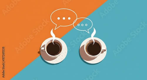 Two coffee cups with steam and speech bubbles on a split orange and blue background illustration