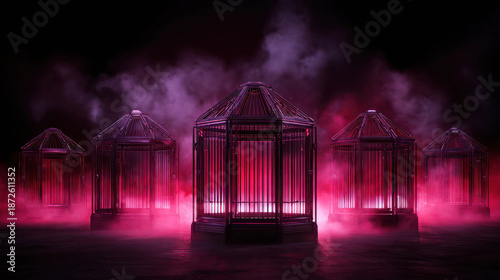 Dark Fantasy Cinematic Setting of Enchanted Circus Cages with Eerie Mist and Ethereal Lighting at Night