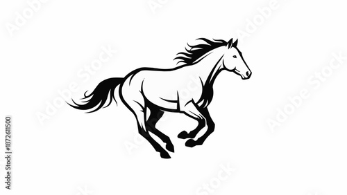 Black and white illustration of a galloping horse.
