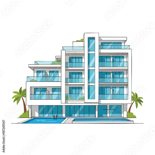 Luxurious Modern Building with Pool and Palm Trees