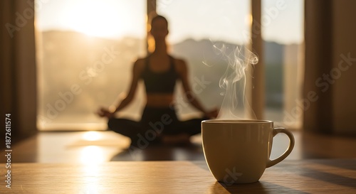 Woman meditating in lotus position with mug of hot drink steaming in the foreground indoors at sunrise