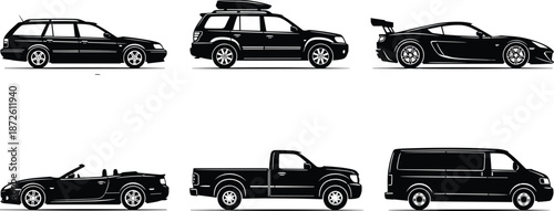Black car silhouettes set including station wagon, SUV with roof box, sports car, convertible, pickup truck, and van isolated on white,