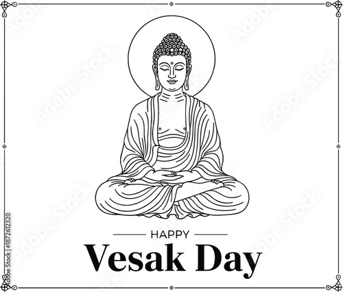 Happy Vesak Day vector illustration with detailed line art meditative Buddha sitting in lotus pose and decorative border.