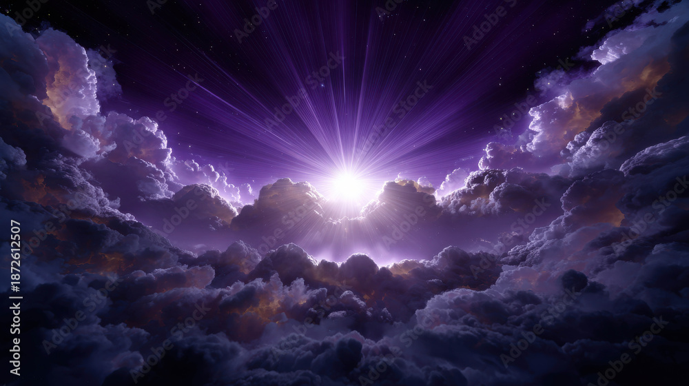 Obraz premium Ethereal Celestial Harmony: A Visionary Concept of Spiritual Art Capturing Divine Light Breaking Through Vibrant Clouds