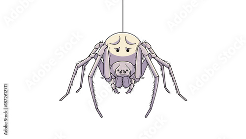 cartoon spider hanging from thread on white.