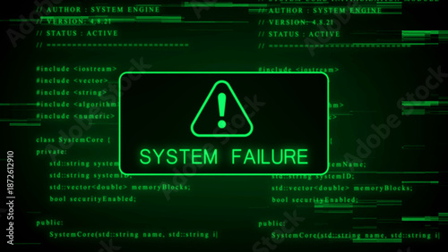 Green digital screen with a prominent warning symbol and the text SYSTEMFAILURE surrounded by programming code and digital static, conveying a severe operational breakdown in a computer