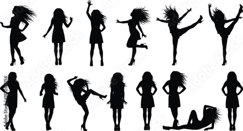 Black silhouettes of a young woman dancing and posing in various positions, female character set isolated on white background, fashion,