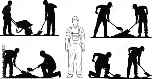 Black silhouettes of construction workers and laborers digging with shovels and using wheelbarrows, professional builder icons isolated on white background,