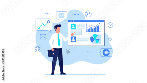 Businessman analyzing data charts and graphs on digital screen, business strategy concept.