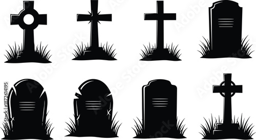 Black silhouettes of various gravestones and cemetery crosses with grass, spooky graveyard headstone collection isolated on white background, halloween, death