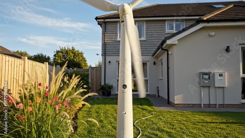 A backyard with a white pole and a house in the background on a sunny day with flowers and green grass