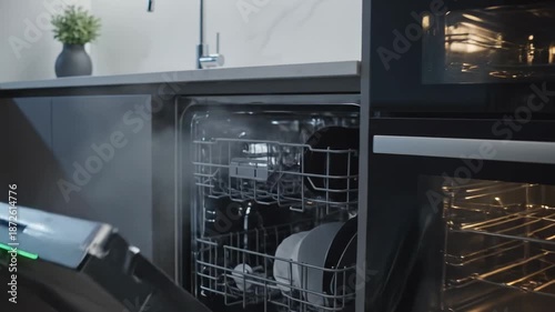 A dishwasher with a green light on top and a white feather coming out