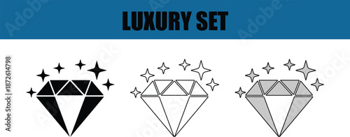 A set of three diamond icons with sparkles in black, white, and gray