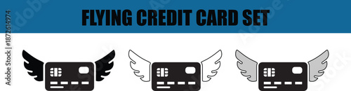 Set of three flying credit card icons with wings